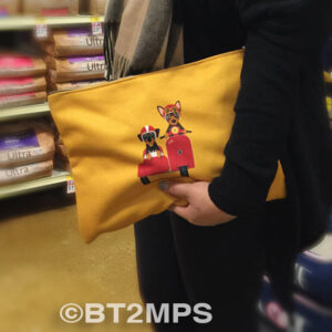 Min Pin Dog Riding Vespa Scooter Canvas Clutch Bag