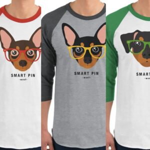Smart Pup Min Pin Miniature Pinscher Wear Glasses Unisex Fine Jersey Raglan Tee