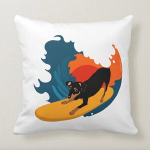 Surfing Miniature Pinscher Throw Pillow: Summer Vibe Dog Art