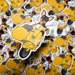 BT2MPS Min Pin Miniature Pinscher Dog Riding Vespa Die Cut Vinyl Sticker