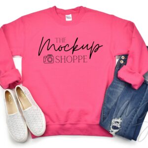Gildan 18000 sweatshirt mock-up Heliconia, Gildan mockup, 18000 heavy cotton, pink women's long sleeve crewneck flat lay, lifestyle mock up
