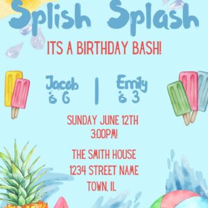Splish Splash Its a Birthday Bash, Birthday Invitation, Editable Template Instant Download, Printable