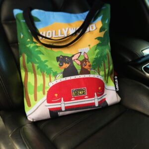Miniature Pinscher Hollywood Tote Bag: Vintage Car & Dog Art
