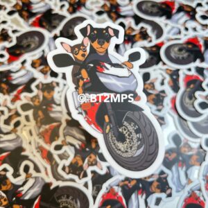BT2MPS Min Pin Miniature Pinscher Dog Riding Bike Motorcycle CBR Die Cut Vinyl Sticker