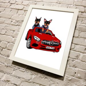 Min Pin Dog Art Print: Red Convertible Car Illustration