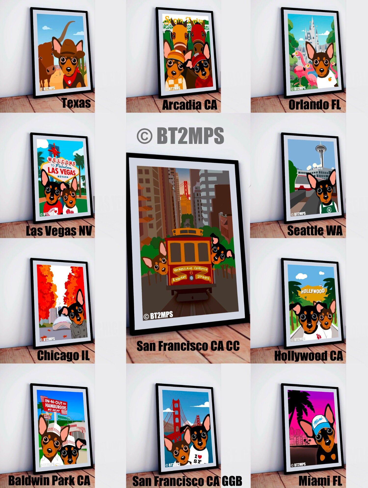 Miniature Pinscher US City Art Print: Travel Illustration