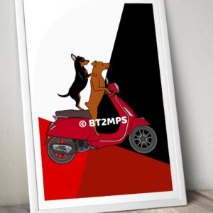 BT2MPS Min Pin Miniature Pinscher Dog Riding Vespa Illustration Personalized Print