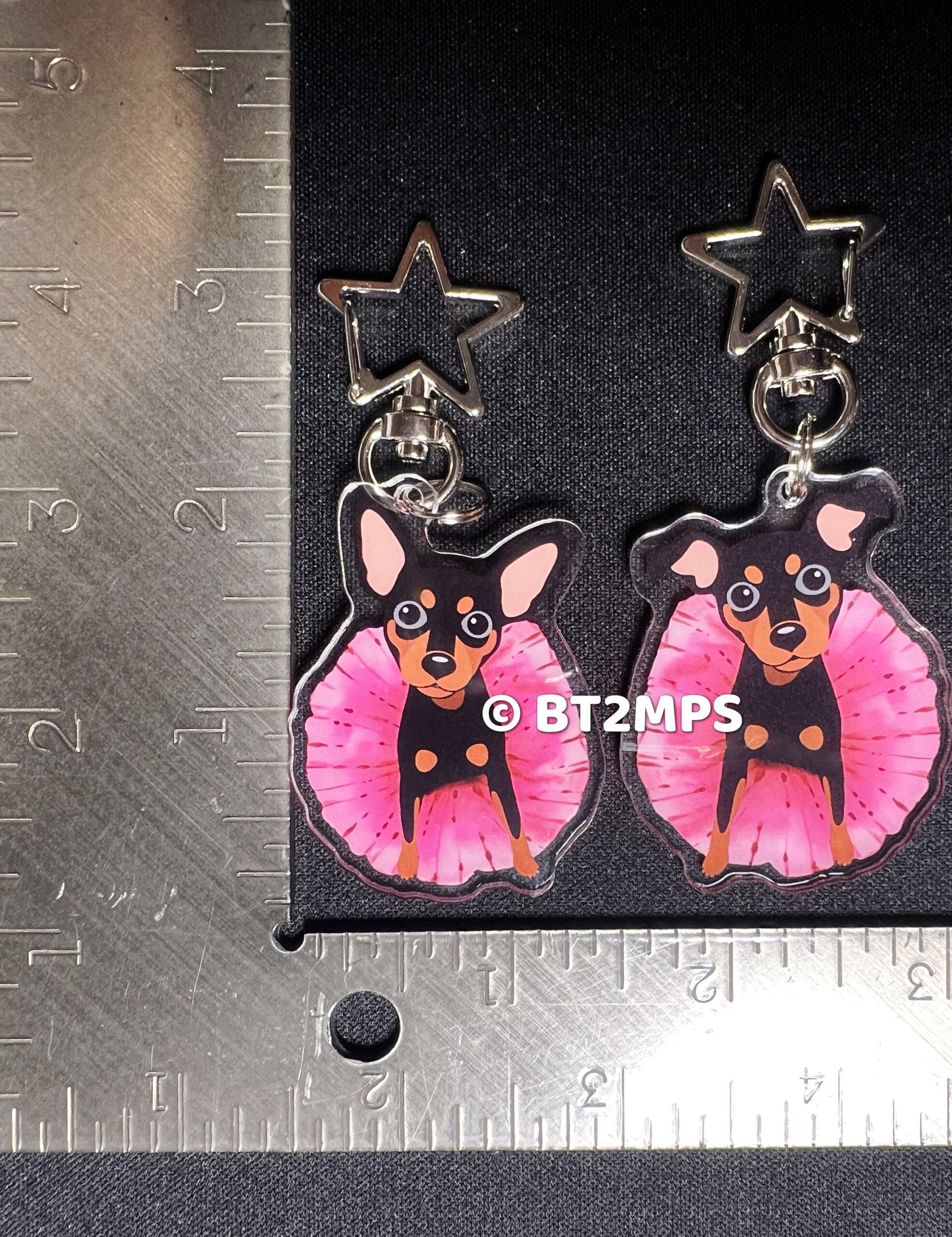 Min Pin Girl Acrylic Keychain: Pink Tutu Dog Keyring - Image 2