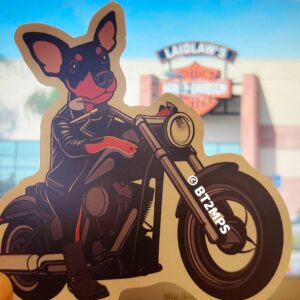 Min Pin Biker Dog Vinyl Sticker: Motorcycle Art Decal