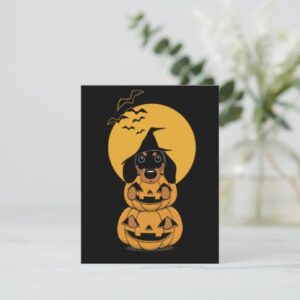 Illustration Dachshund Wiener Sausage Doxie Dog  Boo! Trick or Treat! Happy Halloween Card